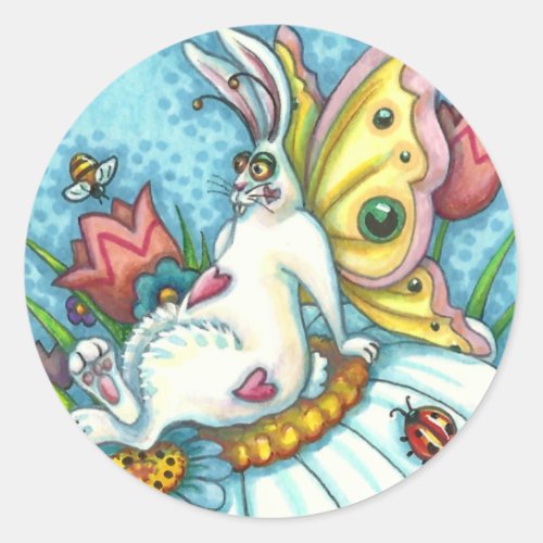 HAPPY SPRING FLUTTERBUN RABBIT FUNNY BUNNY FAIRY CLASSIC ROUND STICKER