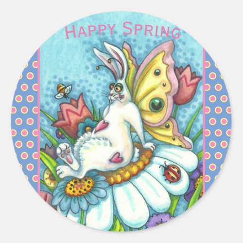 HAPPY SPRING FLUTTERBUN RABBIT FUNNY BUNNY FAIRY CLASSIC ROUND STICKER