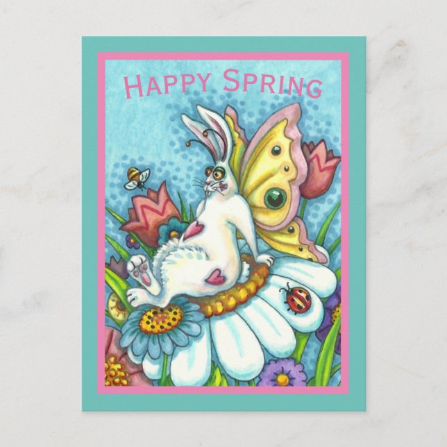 HAPPY SPRING FLUTTERBUN RABBIT, FUNNY BUNNY FAIRY POSTCARD (Front)