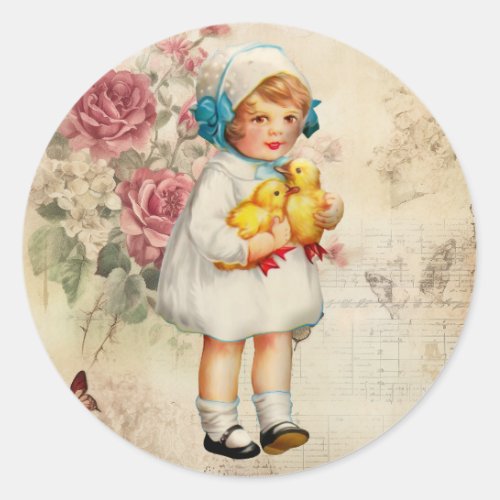 Happy Spring Vintage Little Girl  Chicks Classic Round Sticker