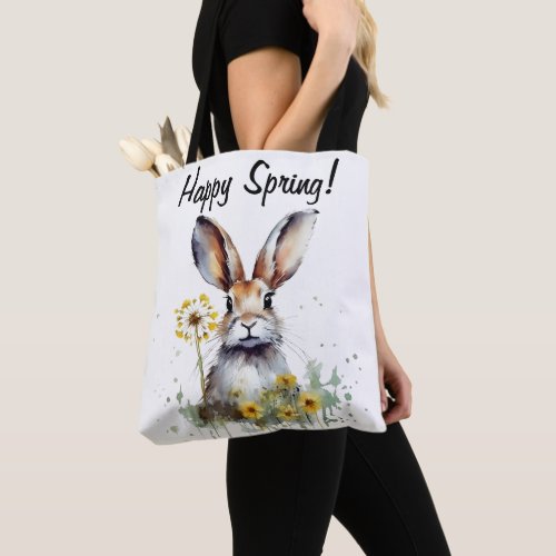Happy Spring Watercolor Bunny Dandelion Tote Bag
