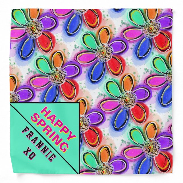 Happy Spring Watercolor Flowers Pet Name Bandana (Front)