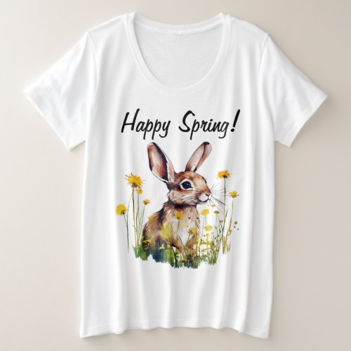 Happy Spring Watercolor Rabbit Yellow Flowers Plus Size T_Shirt
