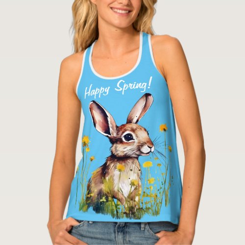 Happy Spring Watercolor Rabbit Yellow Flowers Tank Top