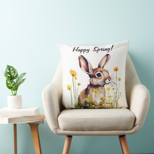 Happy Spring Watercolor Rabbit Yellow Flowers Throw Pillow