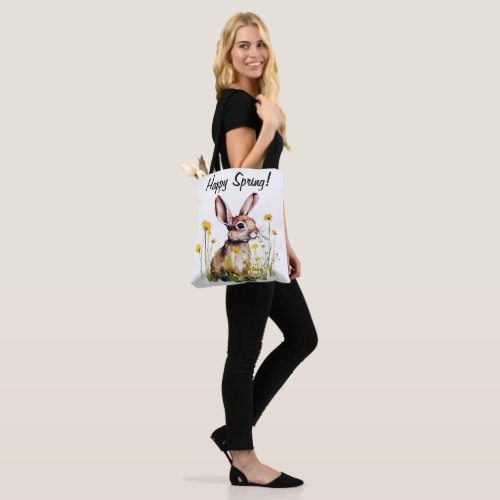 Happy Spring Watercolor Rabbit Yellow Flowers Tote Bag