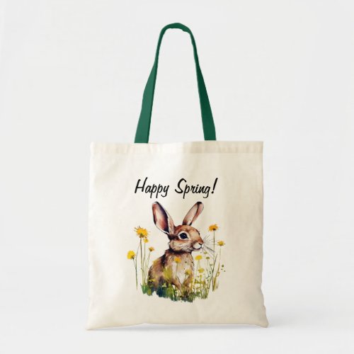 Happy Spring Watercolor Rabbit Yellow Flowers Tote Bag