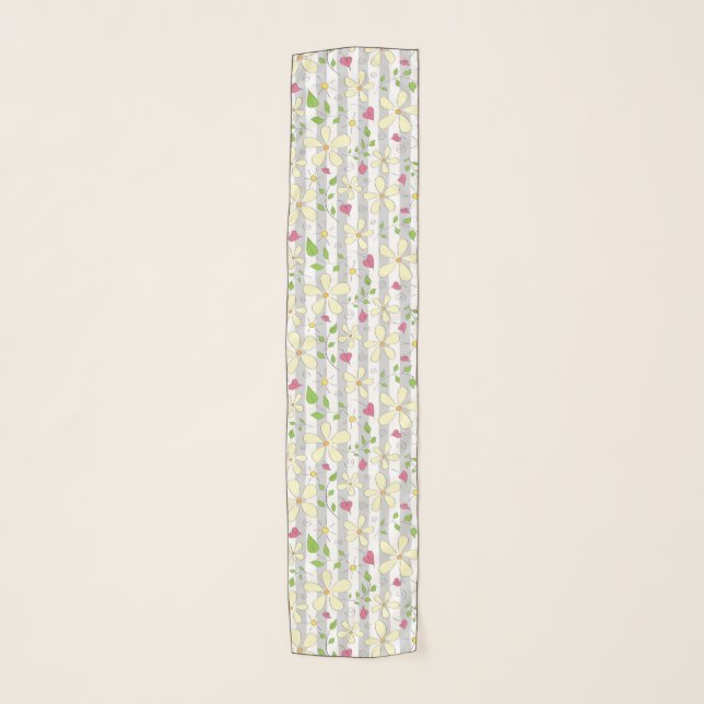Happy spring white daisies hearts floral doodles scarf (Front)