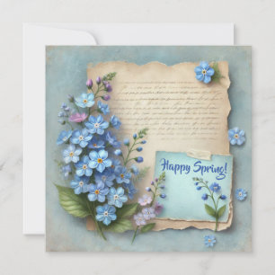 Happy spring with blue forget me not flowers holiday card