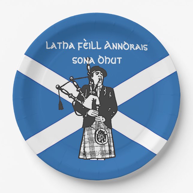 Happy St Andrews Day Flag Bagpiper Large 9" Paper Plates (Front)