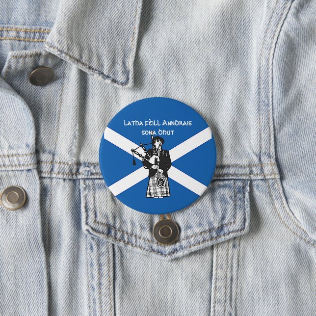 Happy St Andrews Day Flag Bagpiper large Button (In Situ)