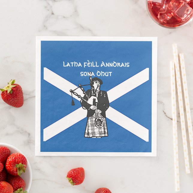 Happy St Andrews Day Flag Bagpiper Paper Dinner Napkins (Insitu)