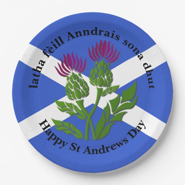 Happy St Andrews Day Flag Thistle Large 9" Paper Plates (Front)