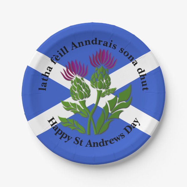 Happy St Andrews Day Flag Thistle Small Paper Plates (Front)