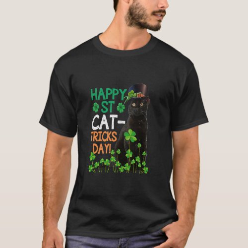Happy St Cat Tricks Day Cat Leprechaun Hat St Patr T_Shirt