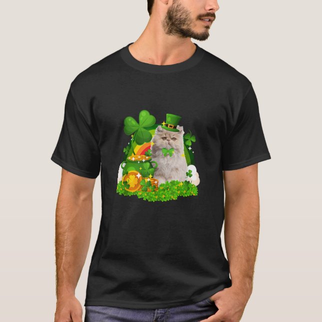 Happy St Catrick s Day Leprechaun Persian Cat Patr T-Shirt (Front)