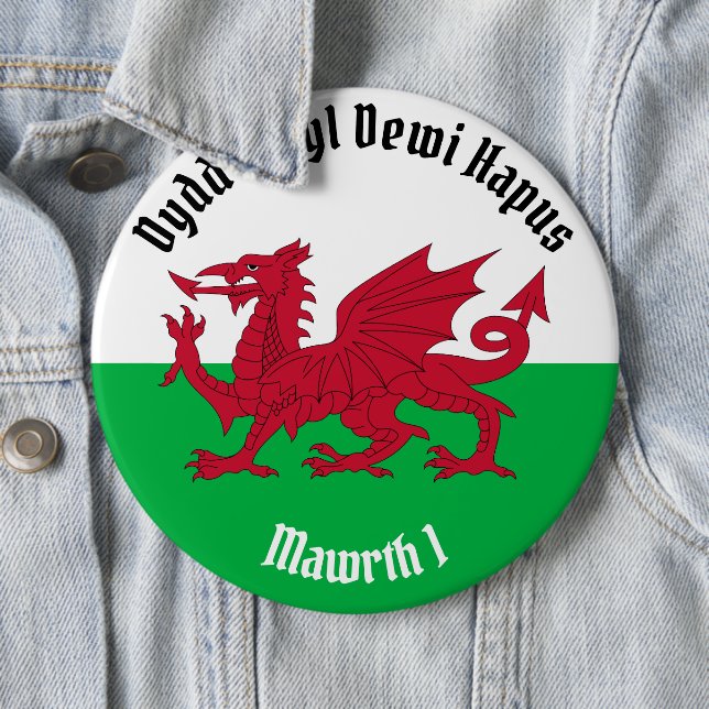 Happy St. David's Day Red Dragon Welsh Flag Button (In Situ)