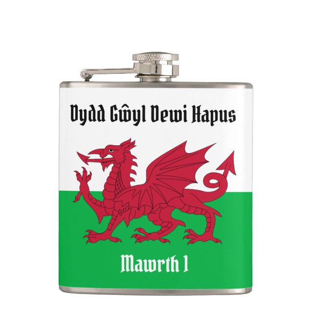 Happy St. David's Day Red Dragon Welsh Flag Flask (Front)