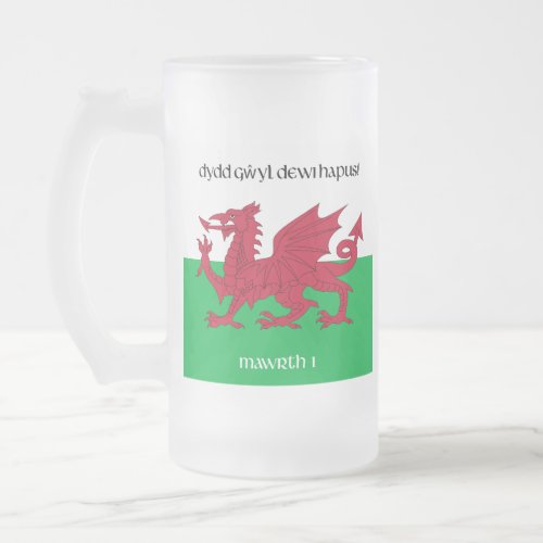 Happy St Davids Day Red Dragon Welsh Flag Frosted Glass Beer Mug