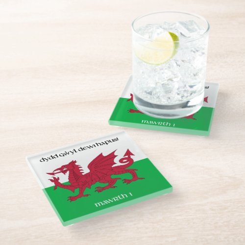 Happy St Davids Day Red Dragon Welsh Flag Glass Coaster