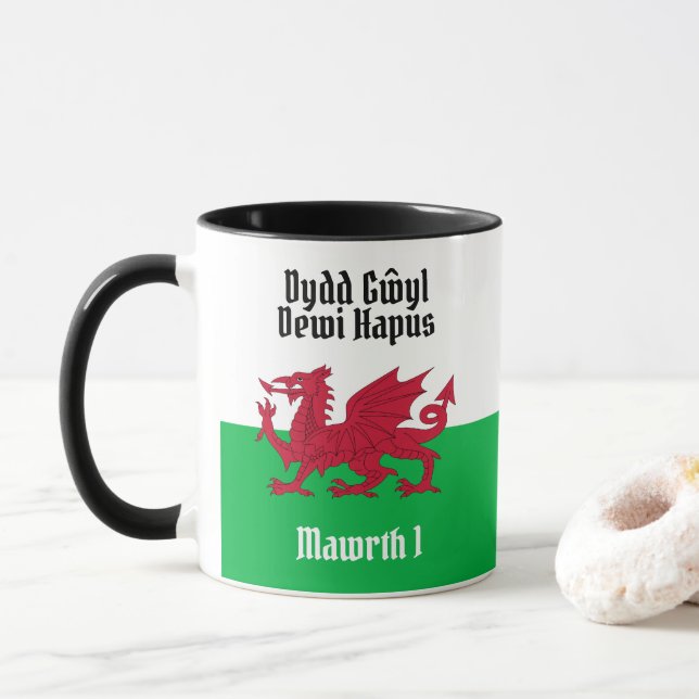 Happy St. David's Day Red Dragon Welsh Flag Mug (With Donut)