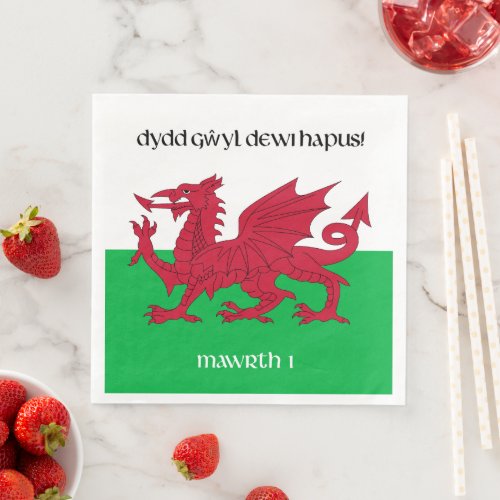 Happy St Davids Day Red Dragon Welsh Flag Paper Dinner Napkins