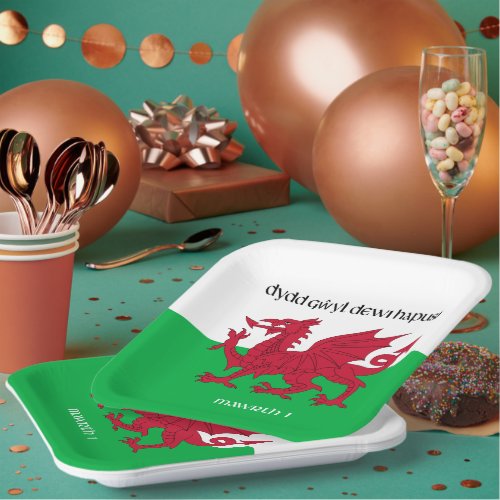 Happy St Davids Day Red Dragon Welsh Flag Paper Plates