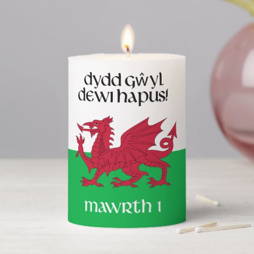 Happy St Davids Day Red Dragon Welsh Flag Pillar Candle