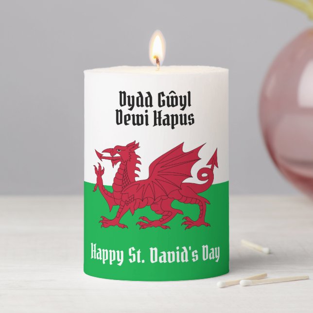 Happy St. David's Day Red Dragon Welsh Flag Pillar Candle (In Situ)