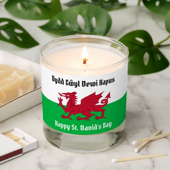 Happy St. David's Day Red Dragon Welsh Flag Scented Candle (Lit)