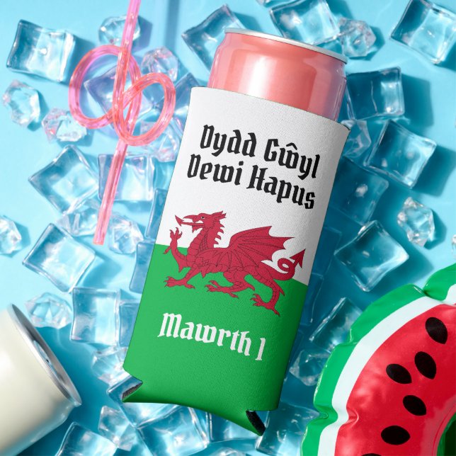 Happy St. David's Day Red Dragon Welsh Flag Seltzer Can Cooler (In Situ Summer)