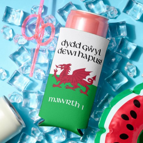 Happy St Davids Day Red Dragon Welsh Flag Seltzer Can Cooler