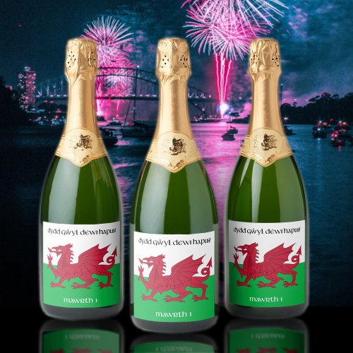 Happy St Davids Day Red Dragon Welsh Flag Sparkling Wine Label