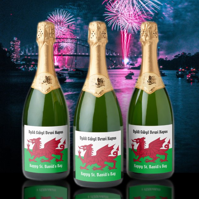 Happy St. David's Day Red Dragon Welsh Flag Sparkling Wine Label (Saint David's Day 3 Champagne Labels Cover Photo)