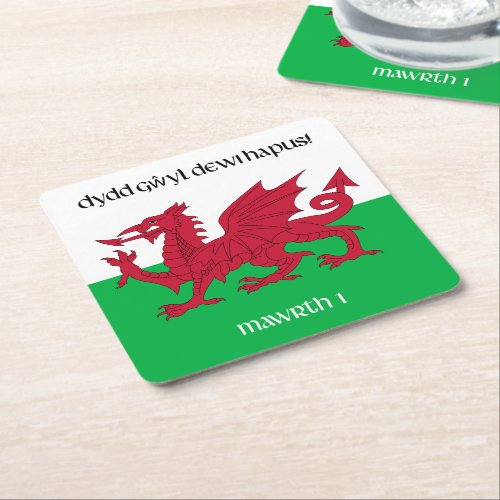 Happy St Davids Day Red Dragon Welsh Flag Square Paper Coaster