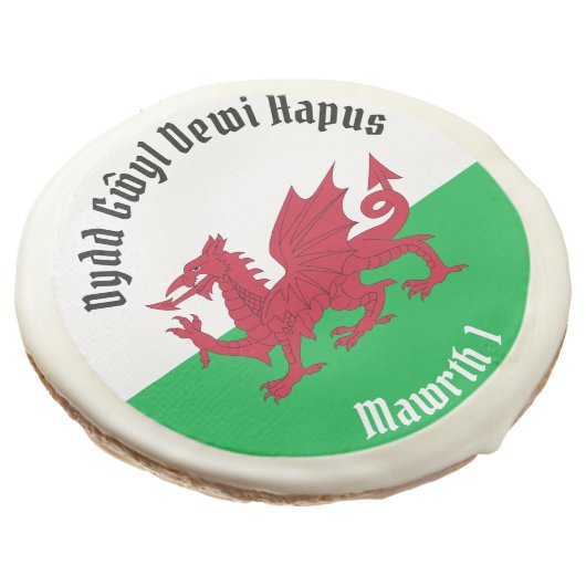Happy St. David's Day Red Dragon Welsh Flag Sugar Cookie (Angled)