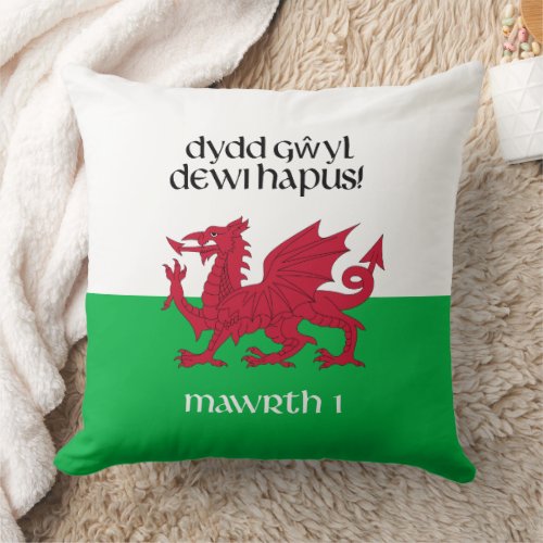 Happy St Davids Day Red Dragon Welsh Flag Throw Pillow