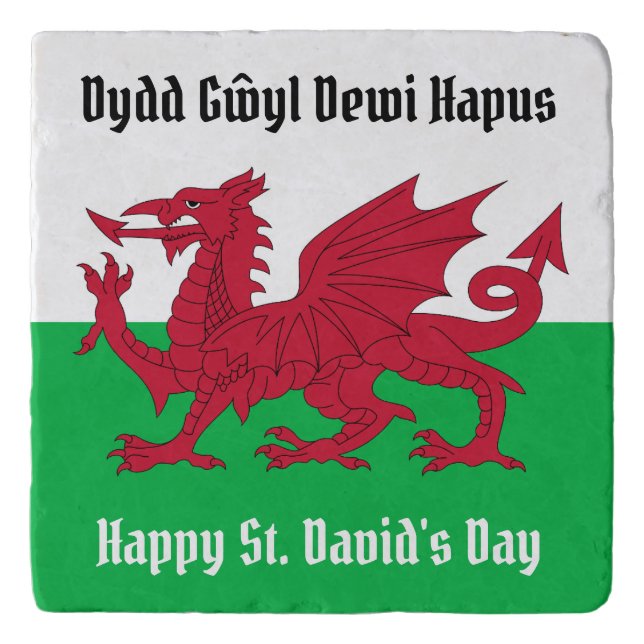 Happy St. David's Day Red Dragon Welsh Flag Trivet (Front)