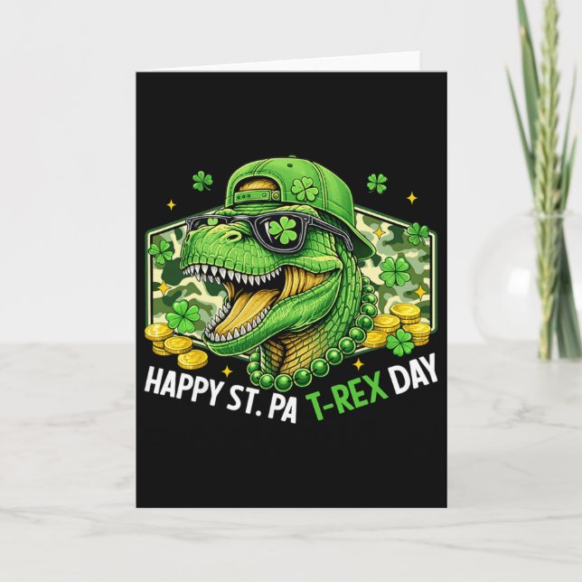 Happy St Pat-rex Day Dinosaur Camo St Patricks Day Card (Front)
