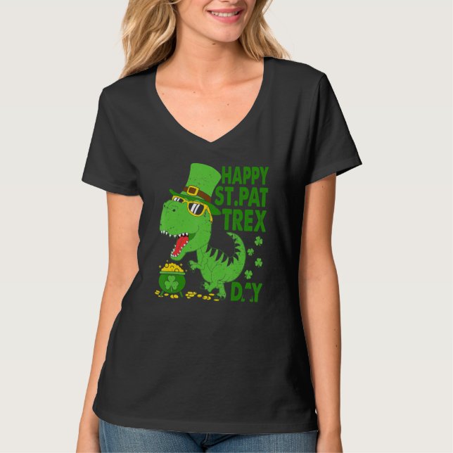Happy St Pat T Rex Saint Patrick's Day Dinosaur Bo T-Shirt (Front)