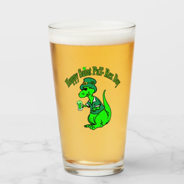 Happy St Pat T-Rex Saint Patrick's Day Dinosaur Glass (Front Filled)