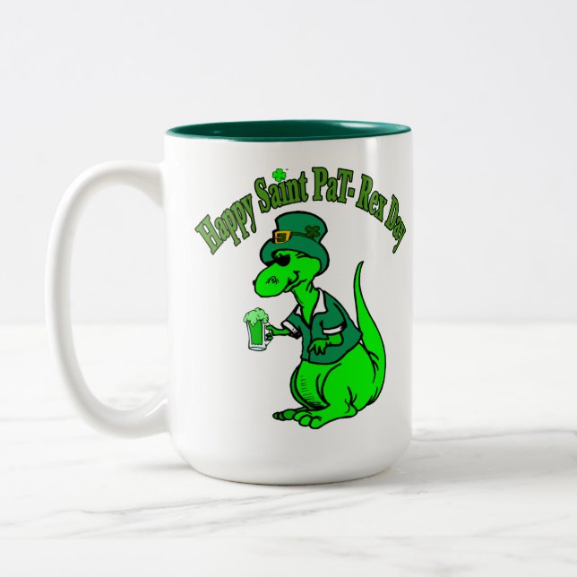 Happy St Pat T-Rex Saint Patrick's Day Dinosaur Two-Tone Coffee Mug (Left)