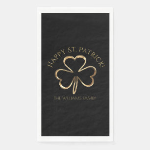 Happy St. Patrick Black and Gold Clover Shamrock Paper Guest Towels