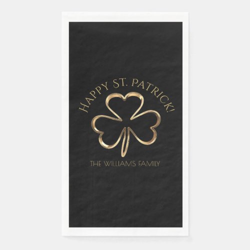 Happy St Patrick Black and Gold Clover Shamrock Paper Guest Towels