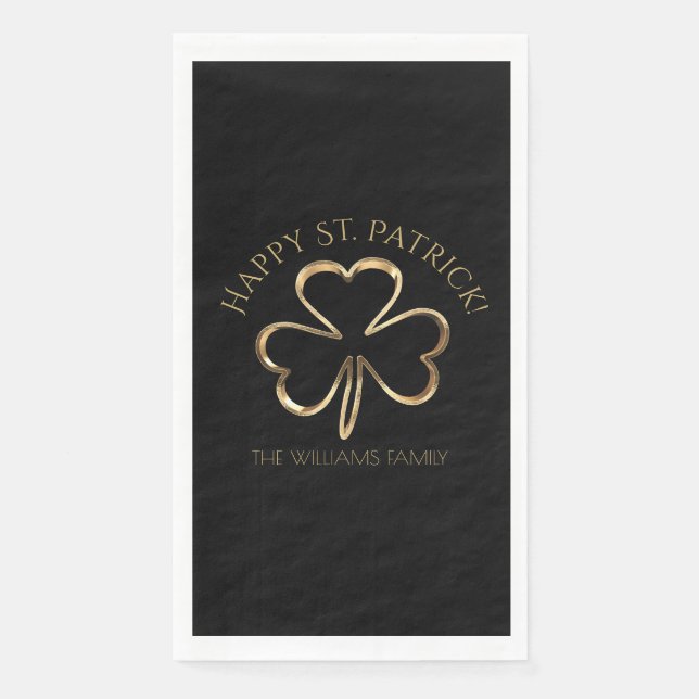 Happy St. Patrick Black and Gold Clover Shamrock Paper Guest Towels (Front)