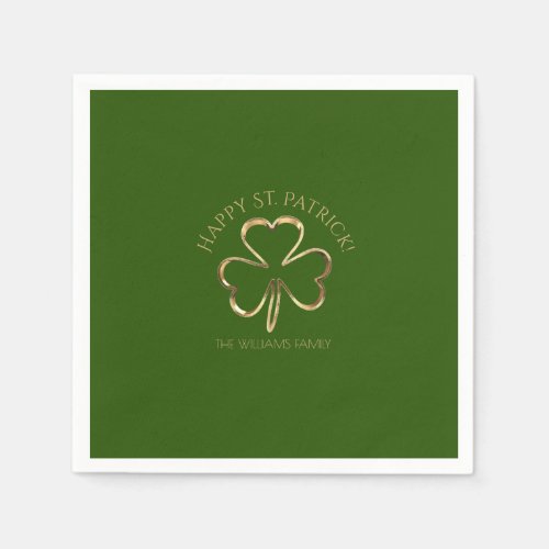 Happy St Patrick Green and Gold Clover Shamrock Napkins