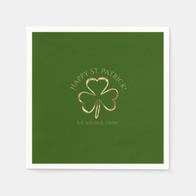 Happy St. Patrick Green and Gold Clover Shamrock Napkins (Front)