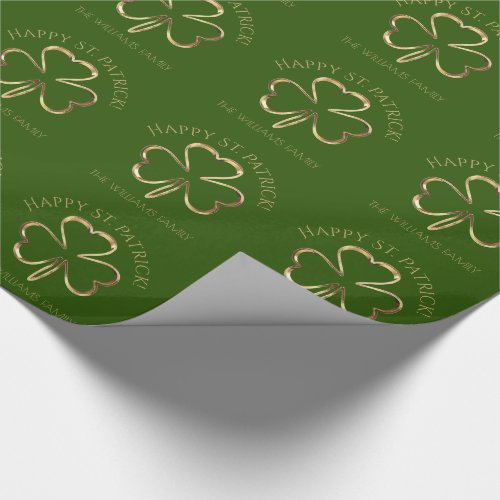 Happy St Patrick Green and Gold Clover Shamrock Wrapping Paper