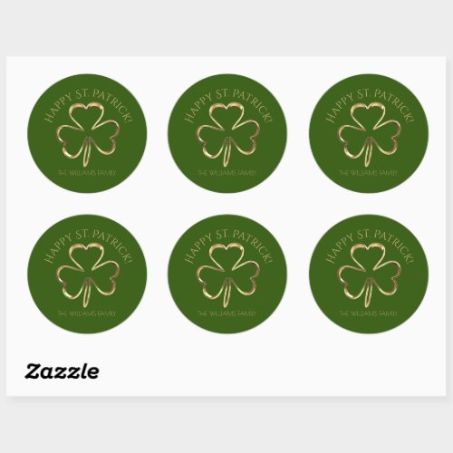 Happy St Patrick Green and Gold Shamrock Clover Classic Round Sticker