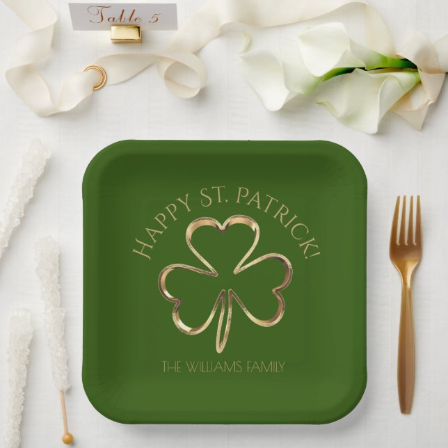 Happy St. Patrick Green and Gold Shamrock Clover Paper Plates (Wedding)